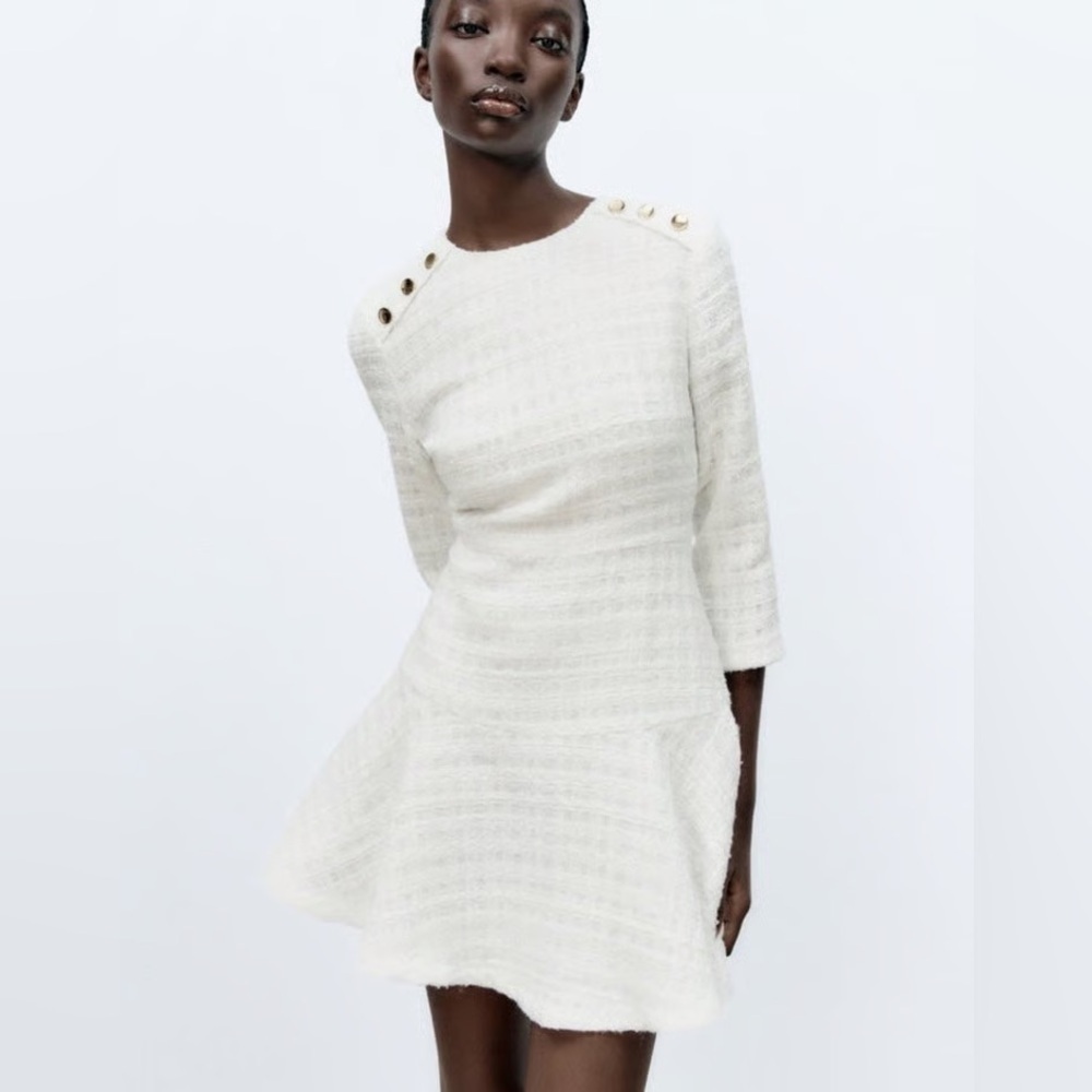 ZARA White Boucle Tweed Peplum Side Gold Button Structured Mini Dress Sz S NWOT